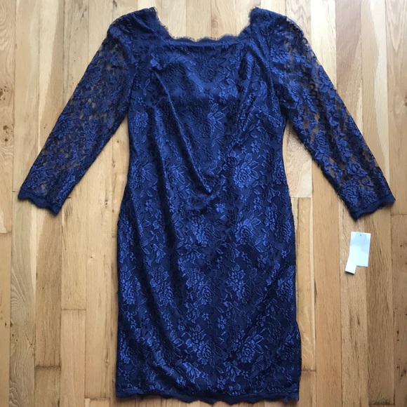 Lace Cocktail Dress Navy Blue 3/4 Sleeve - Picture 3 of 8